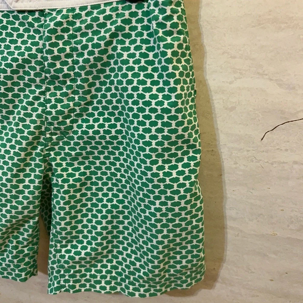 J.Crew Men's Swim Trunks in a green and white geometric print.